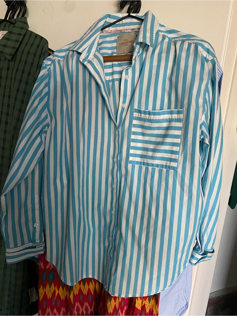 Women's Turquoise & White Striped Button-Down Shirt - Size Medium